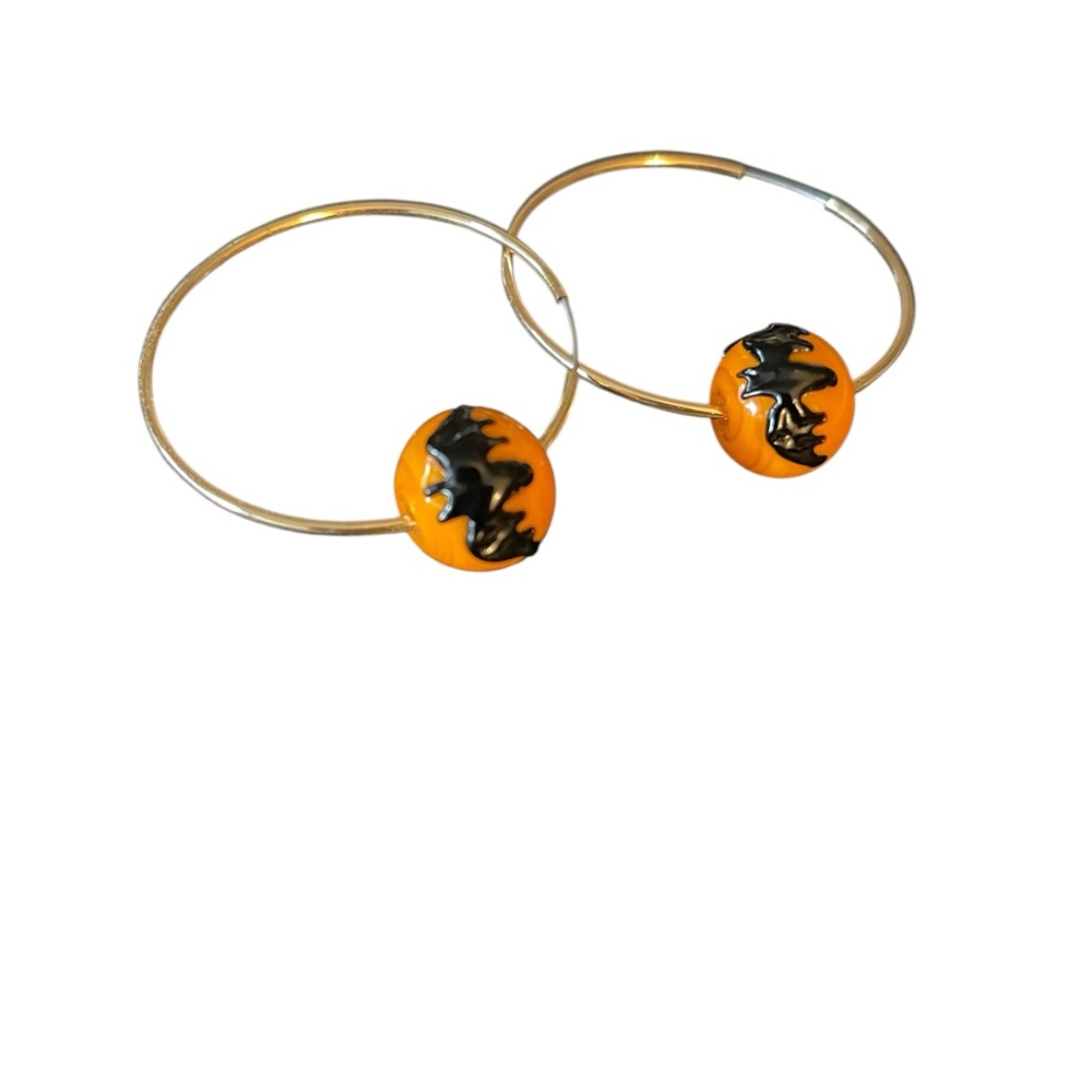 Halloween orange glass black bats earrings